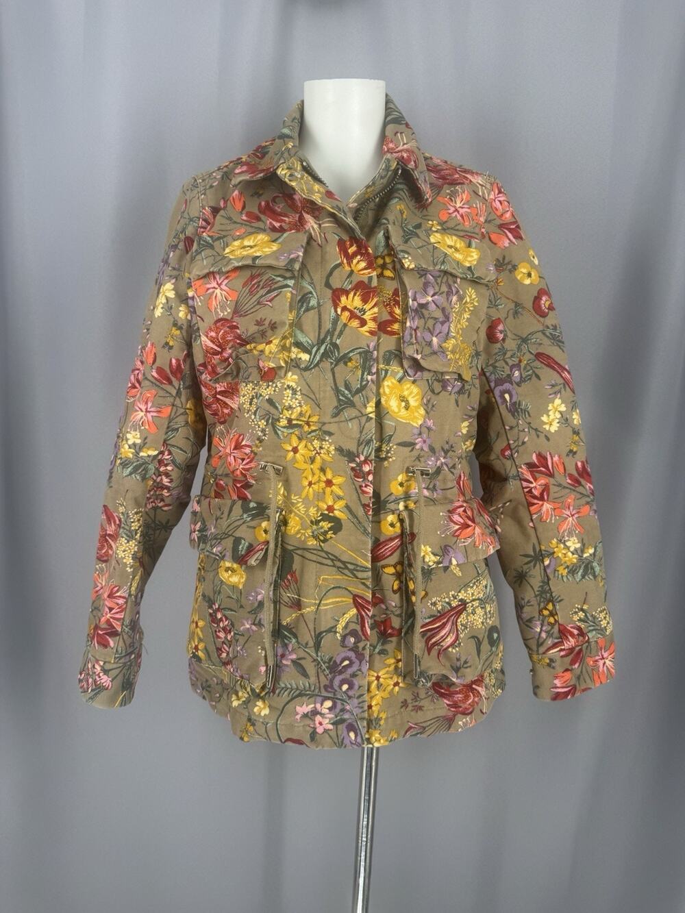 H&M Chore Jacket Womens Size 6 Green Floral Barn Farm Jacket Cottagecore Cute!